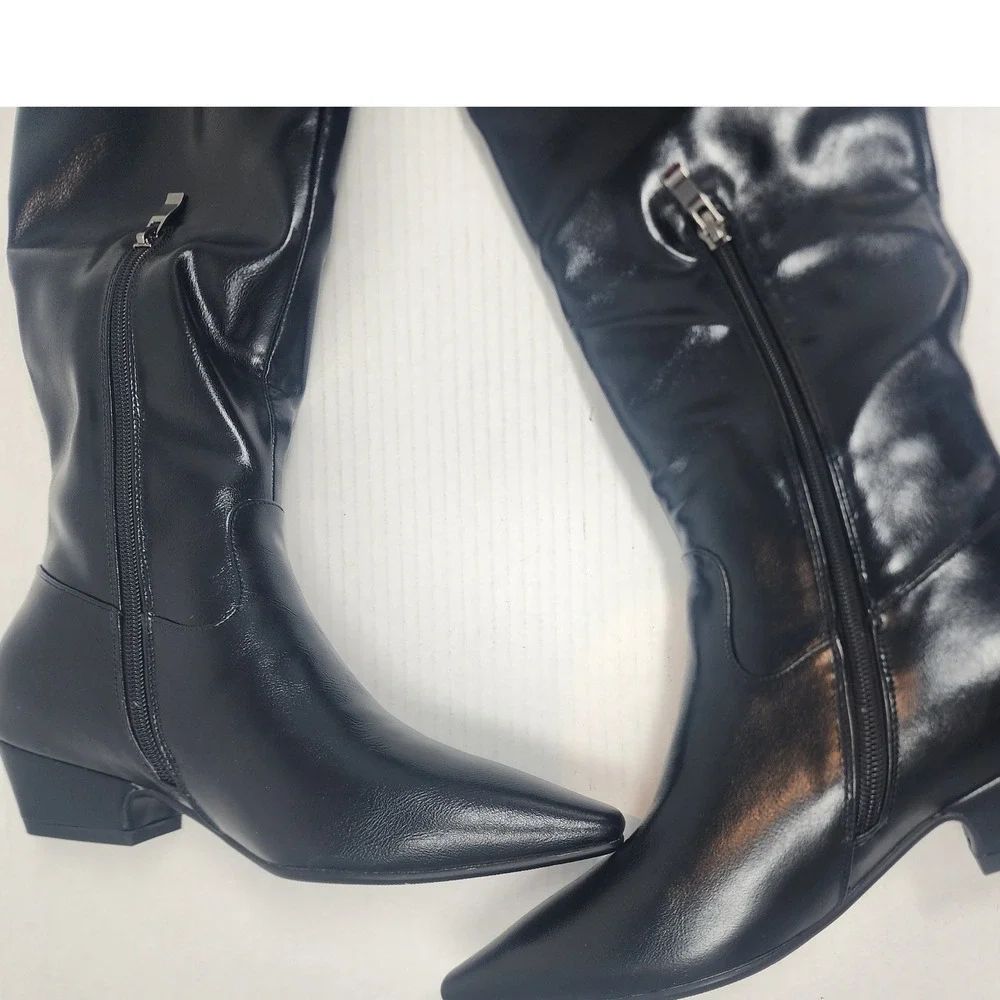 Black Faux Leather Pointed Toe Over The‎ Knee Boots Lace Up Side Zip Size 6